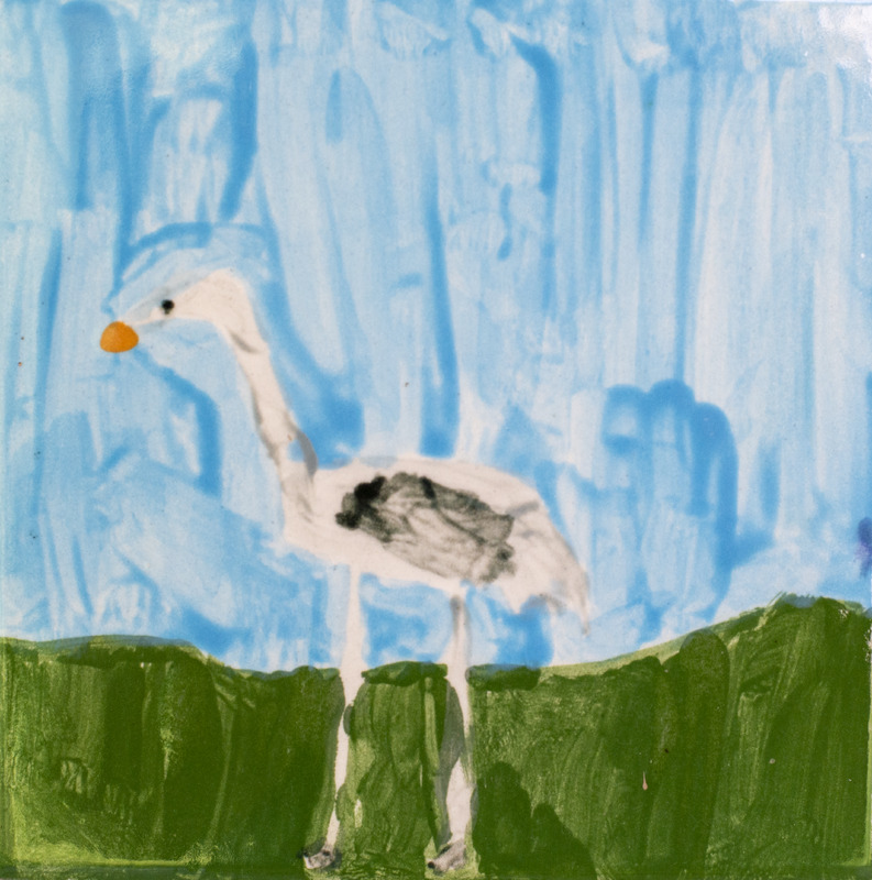 Painting of a white goose with a black wing and an orange bill standing in green grass in front of a blue sky