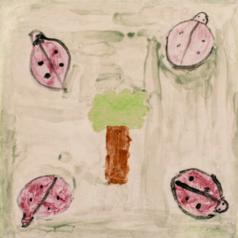 Painting of four red ladybugs and a brown tree with green leaves, over a gray background.
