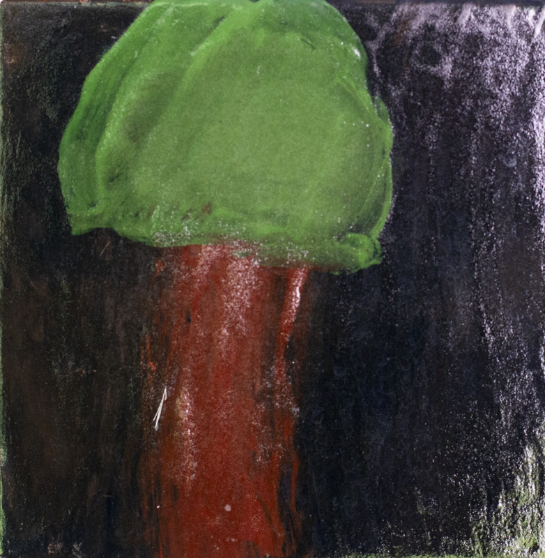 Painting of tree with green leaves against black background.