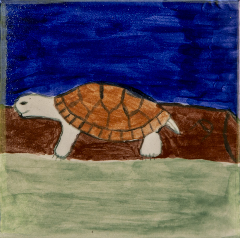 Painting of a turtle with a brown shell and white legs walking on a log above water.