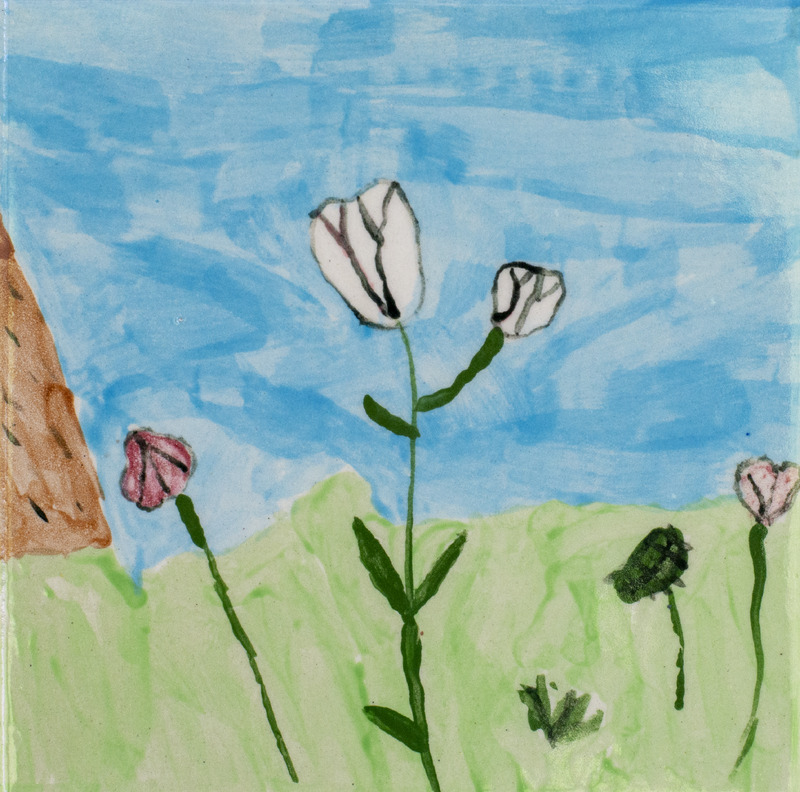 Painting of white and pink flowers growing in a grassy meadow.