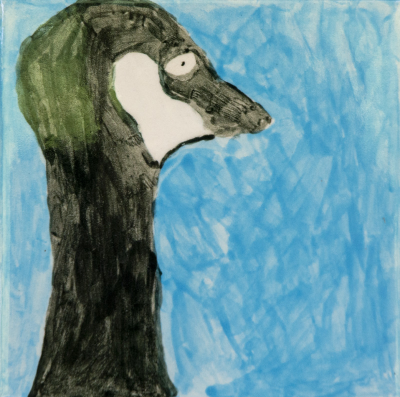 Painting of a goose head with a long black neck and white cheek patch, against a blue background.