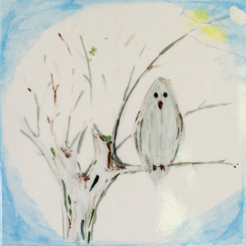 Painting of a white hawk perched on a barren tree in front of the moon.