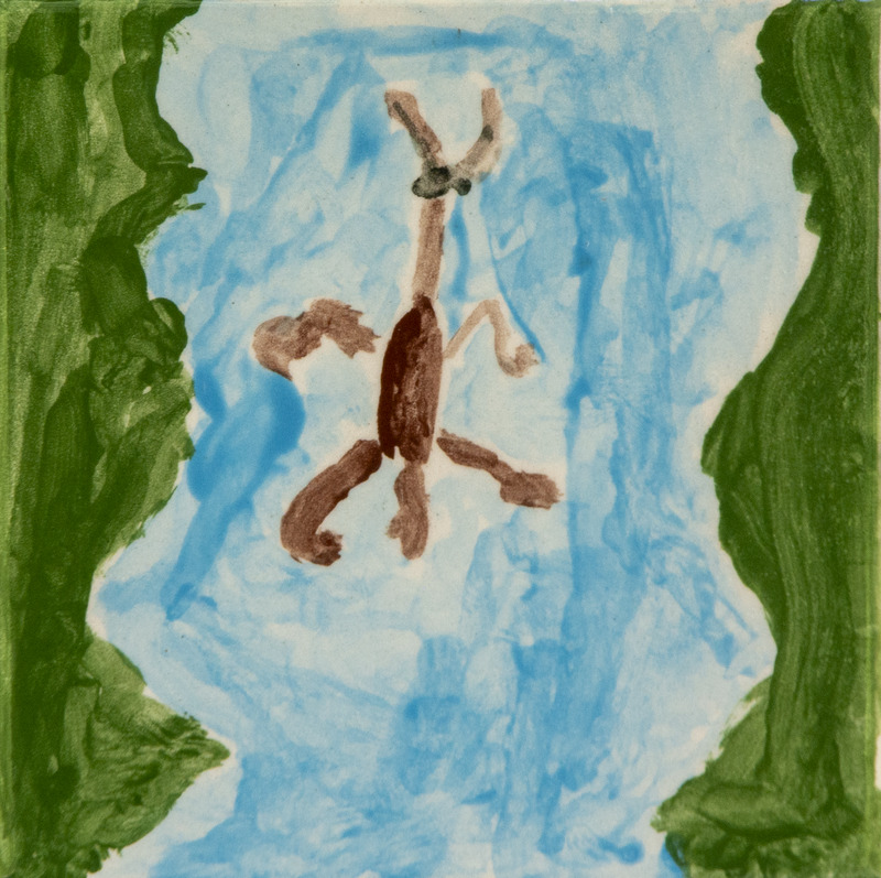 Painting of a brown water bug floating in blue water, with green riverbanks on both sides.