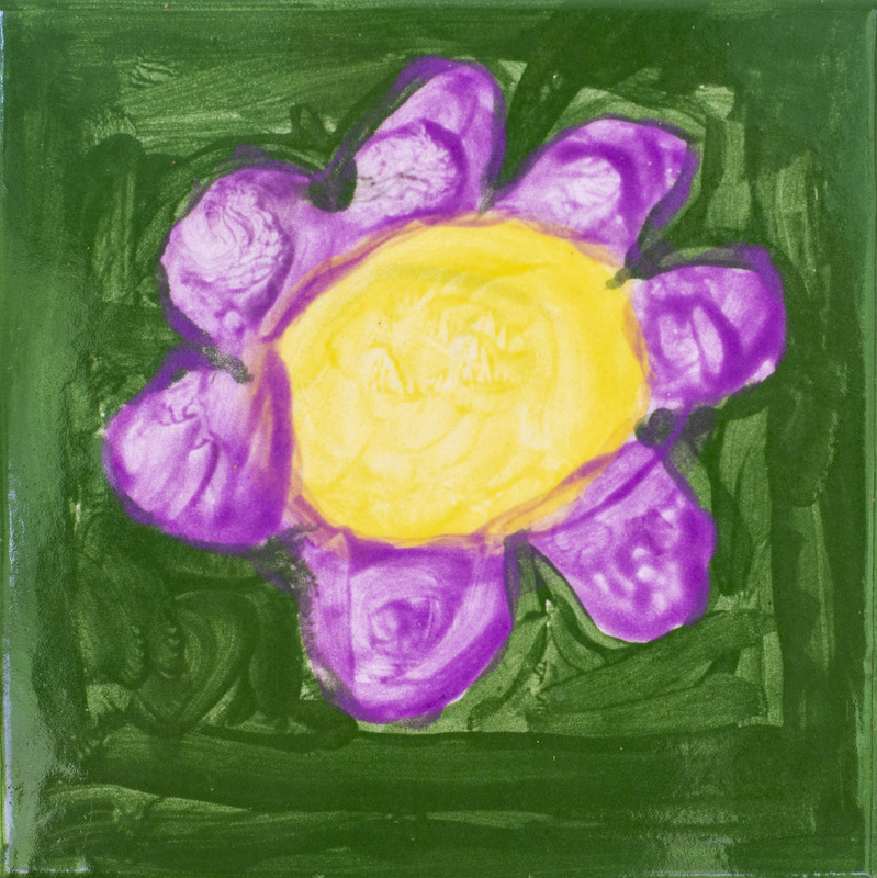 Painting of a purple flower with a bright yellow center against a dark green background.