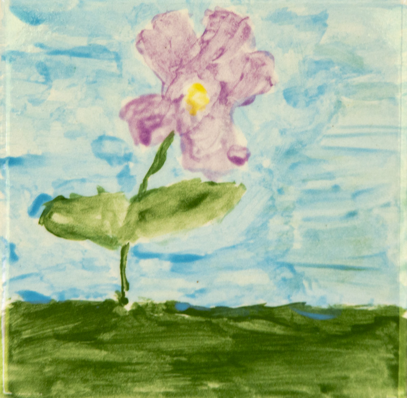 Painting of a purple flower with a yellow center on a green stem, standing on grass under a blue sky.