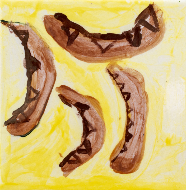 Painting of four brown seed pods against yellow background.