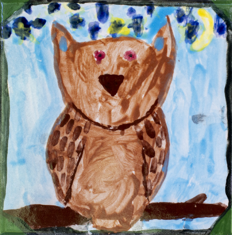 Painting of a brown owl with red eyes sitting on a branch with blue buds above it.