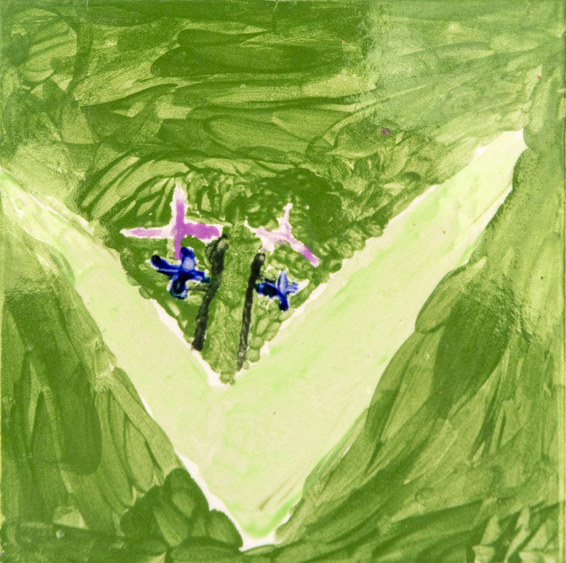 Painting of purple and blue Siberian squill flowers blooming among green leaves in a grassy setting.