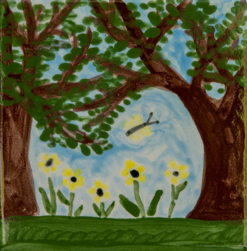 Painting of yellow flowers in the ground with trees on either side and yellow butterflies against blue background.