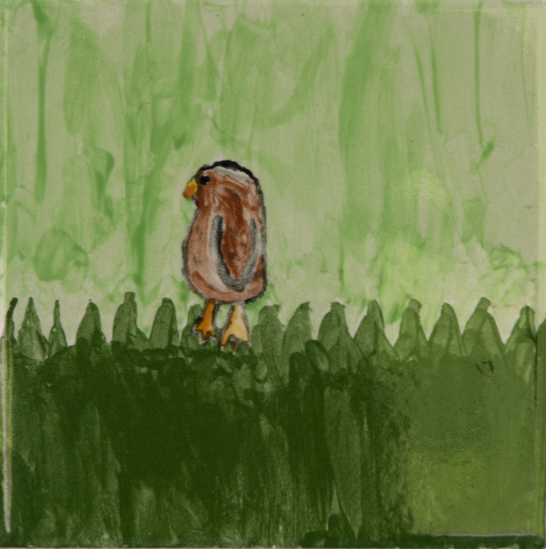 Painting of a small brown bird with yellow beak and feet standing in green grass.