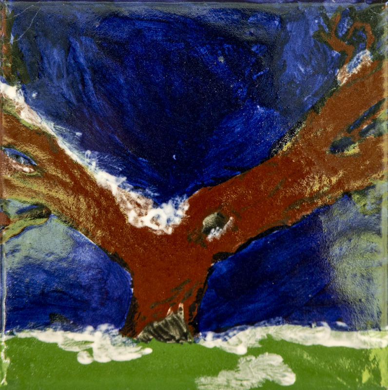 Painting of a large brown tree with a light dusting of white snow on its branches, set against a deep blue night sky and green ground.