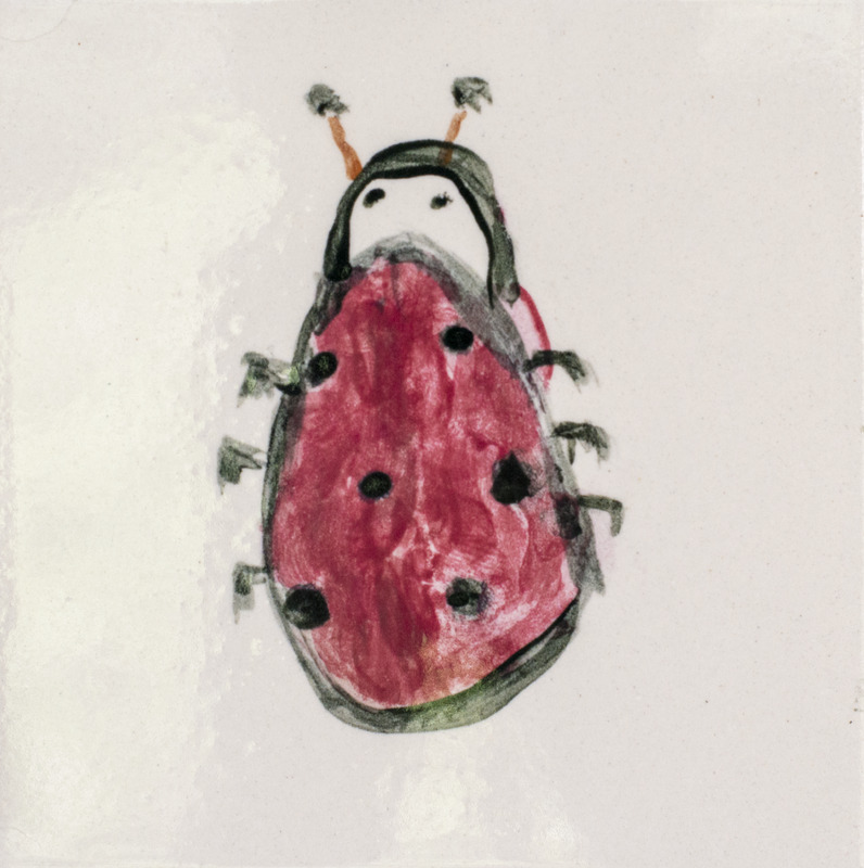 Painting of a red ladybug with black spots in front of a white background.