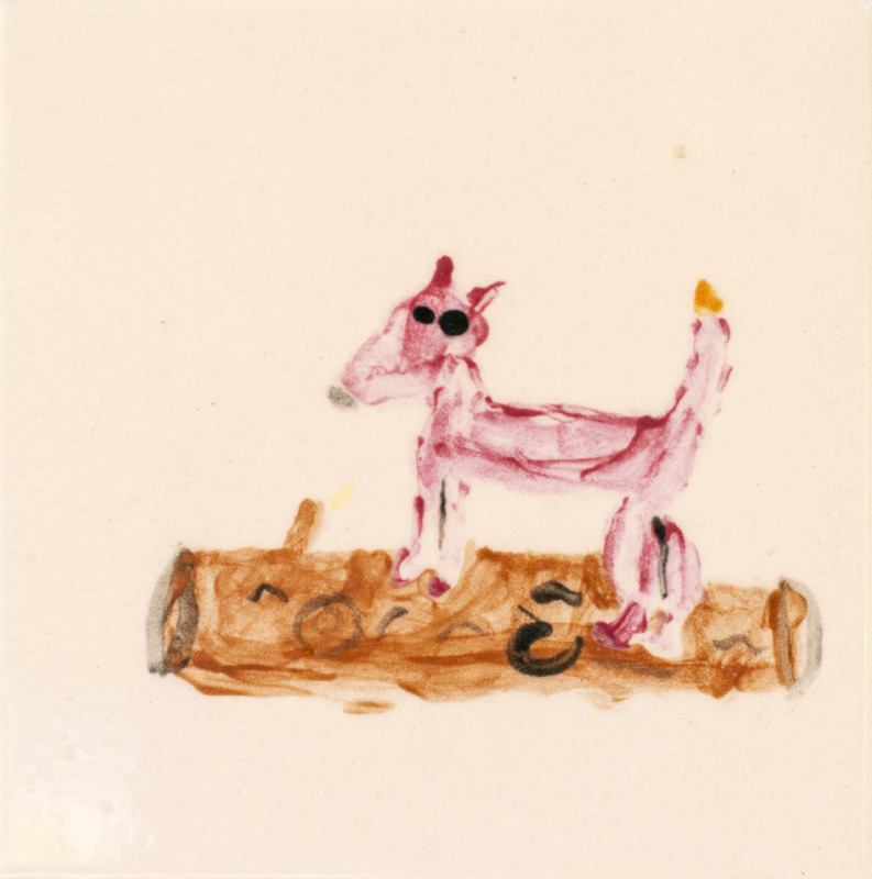 Painting of a red fox on a brown log in front of a light background.