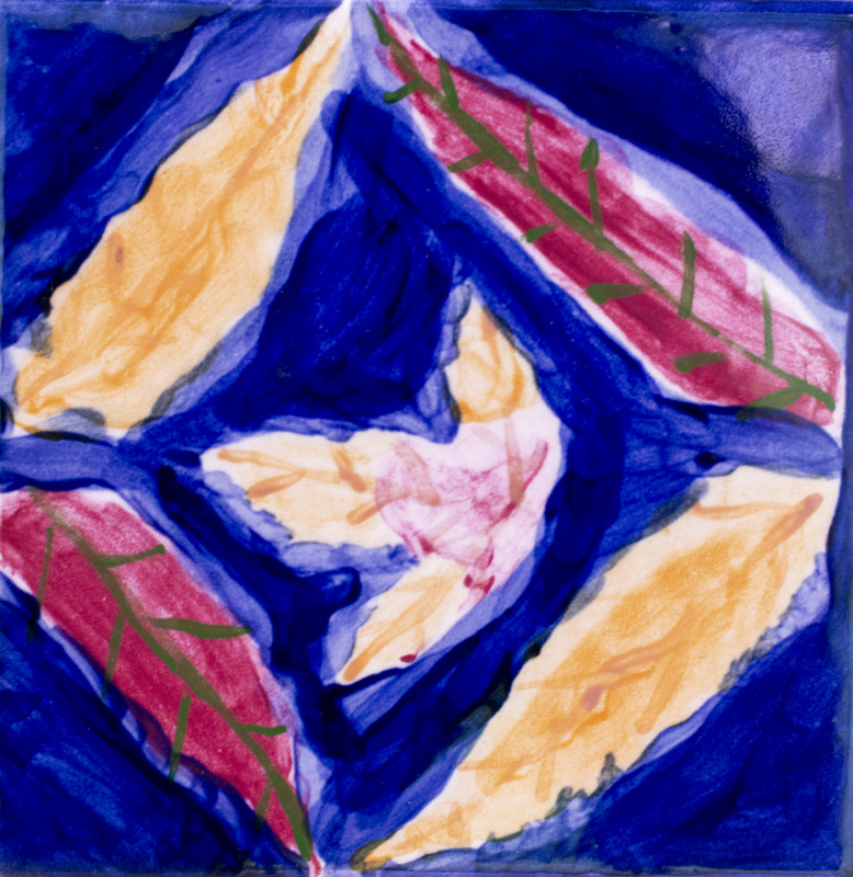 Painting of red and orange leaves with a blue background.