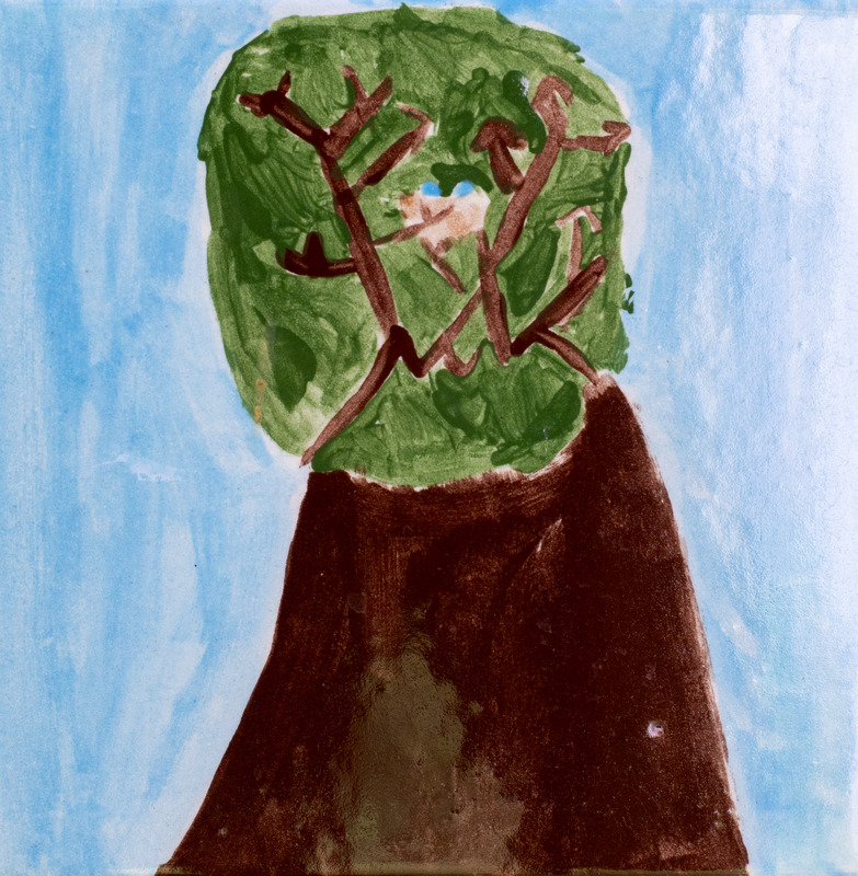 Painting of a large brown tree with a round green treetop and a small nest with a bird inside the branches.