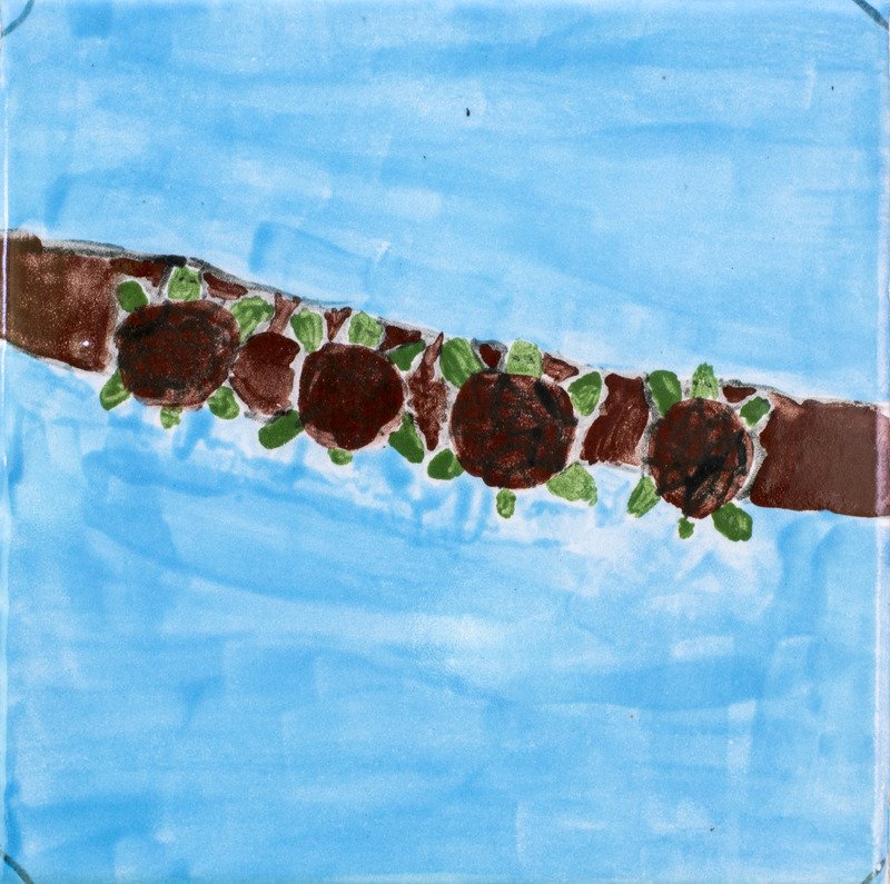 Painting of four turtles basking on log surrounded by water.