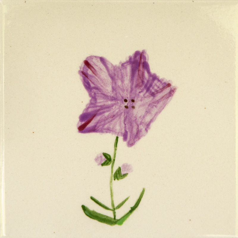 Painting of a purple flower with soft petals, a green stem, small leaves, and buds.