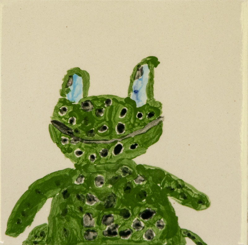 Painting of a green frog with spotted skin and tall eyes.