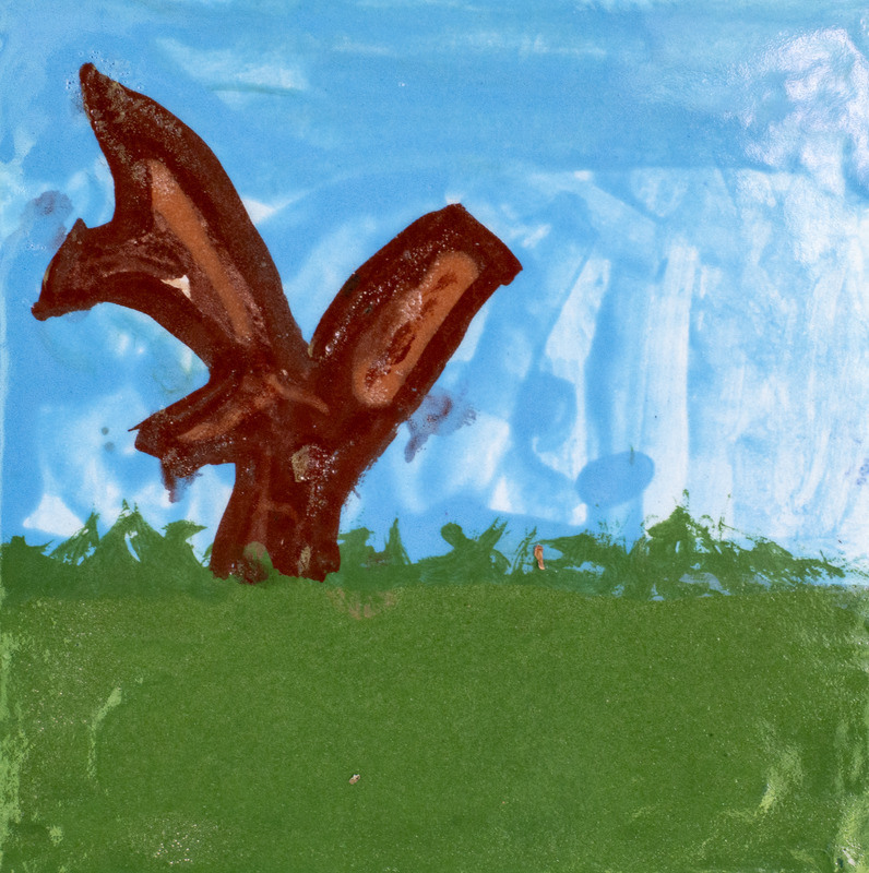 Painting of a brown tree growing in a grassy meadow, with a blue sky.