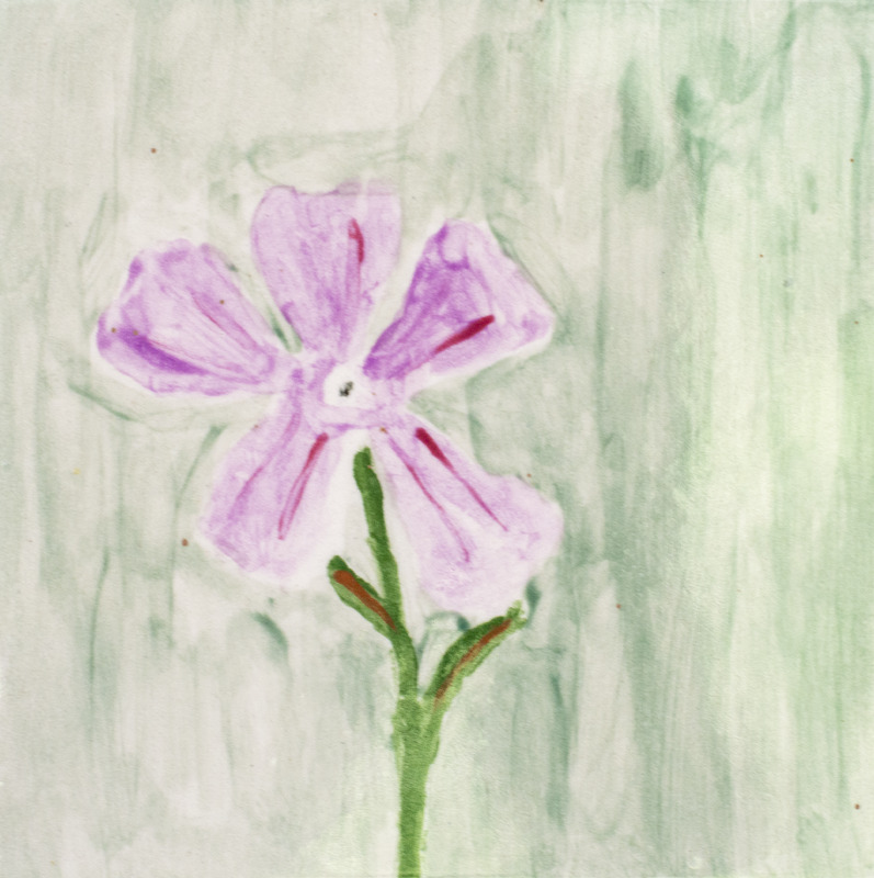 Painting of a five-stemmed pink flower with two leaves, in front of a green background.
