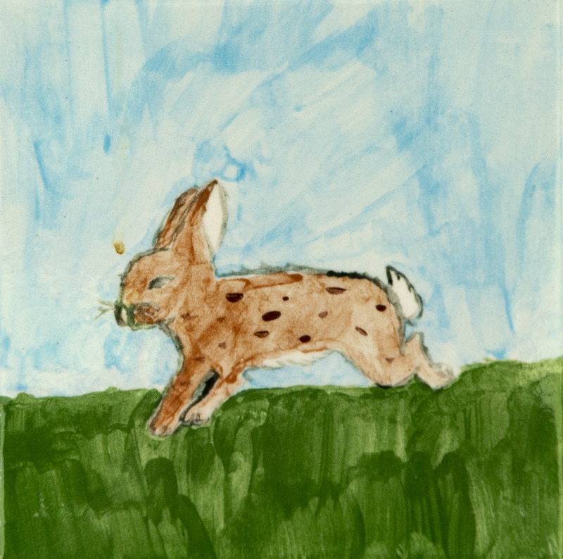 Painting of a brown rabbit with dark spots running across green grass under a blue sky.
