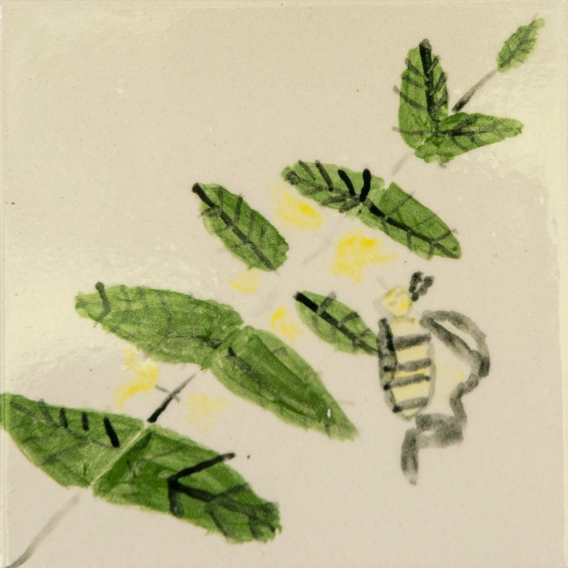 Painting of green leaves with a small striped bee collecting nectar from yellow flowers.