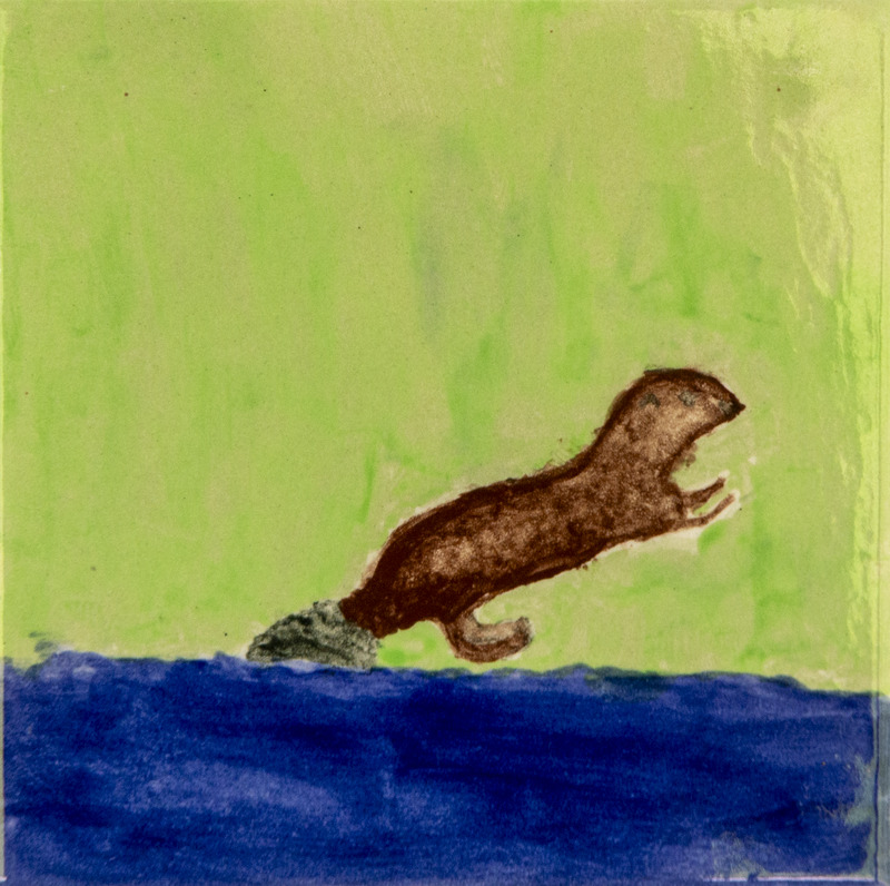 Painting of a brown beaver leaping above blue water, set against a green background.