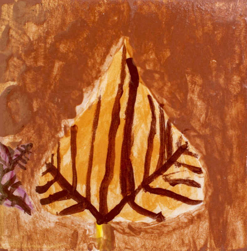 Painting of an orange leaf in front of a dark orange background.