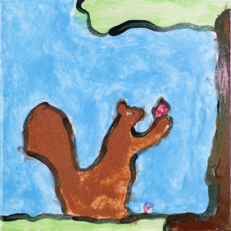 Painting of a brown squirrel holding a pink nut while sitting on green ground beside a tree, with a blue sky background.