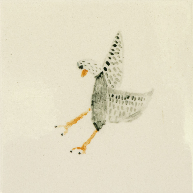 Painting of a gray and white eagle with outstretched wings, black speckles on its feathers, and bright orange legs and beak, shown in flight against a plain background.
