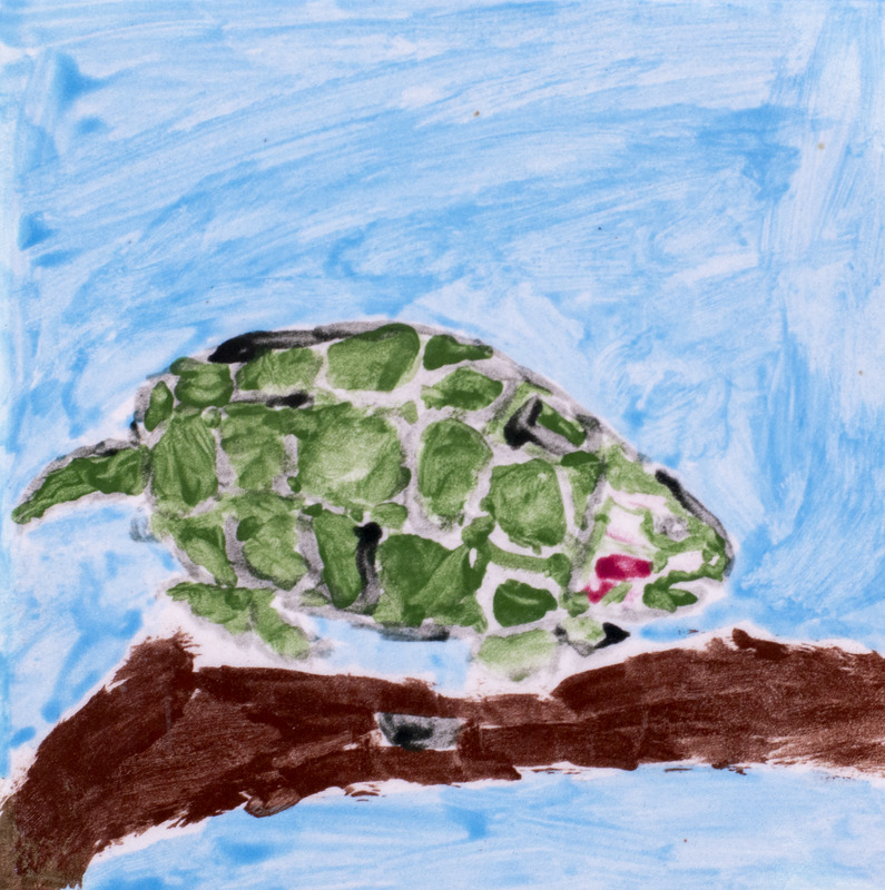 Painting of a snapping turtle swimming in the water next to a log.