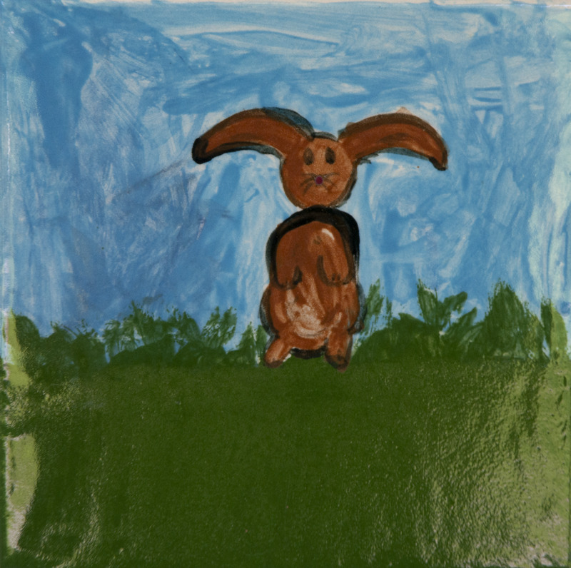 Painting of a brown rabbit standing upright on green grass, with long ears spread wide against a blue sky background.