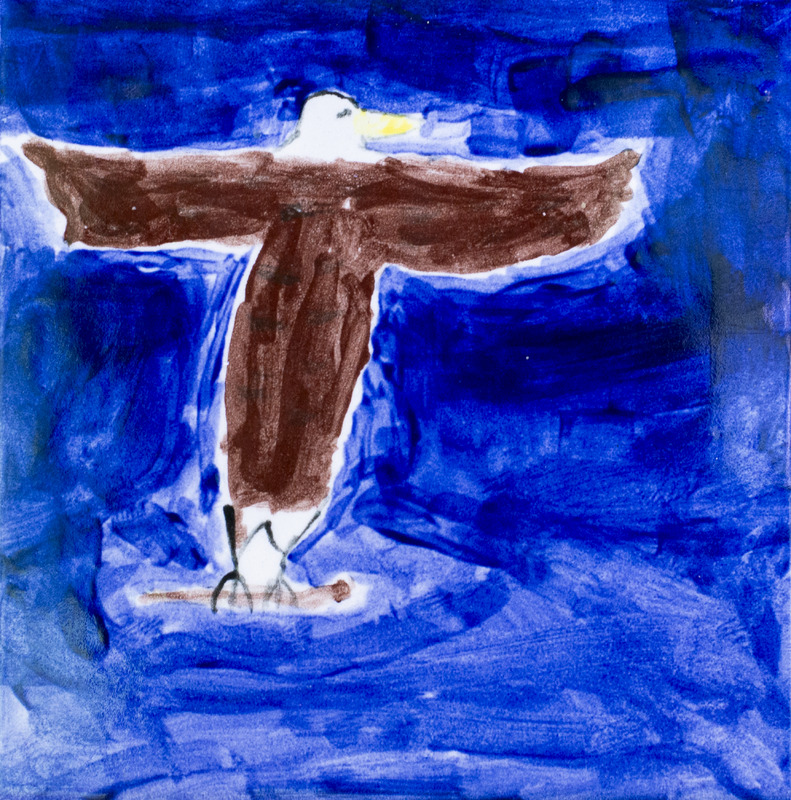Painting of bald eagle with wings outstretched on branch.