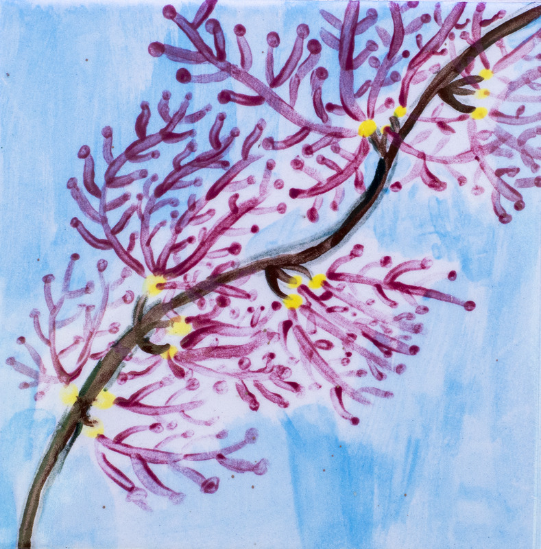 Painting of red budding branches against blue background.