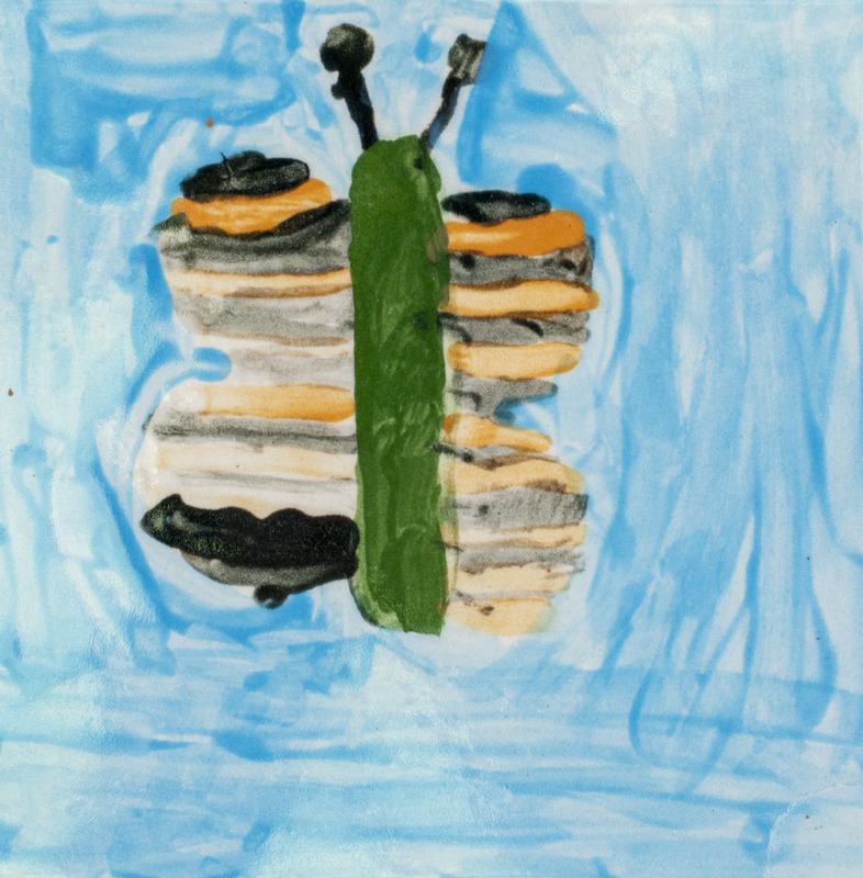 Painting of a black and orange striped butterfly with a green abdomen, flying in a blue sky.