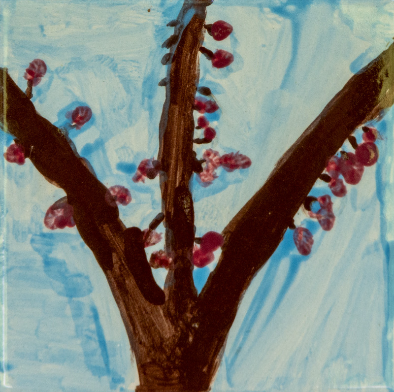 Painting of brown tree branches with small pink blossoms against a light blue sky.