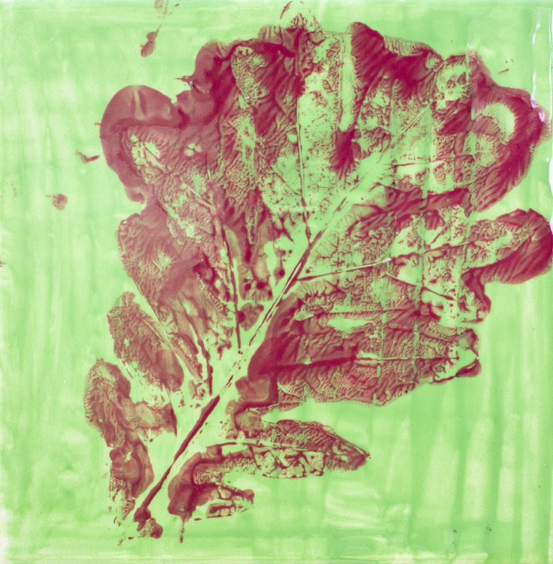 Painting of a leaf print in red, against a light green background.