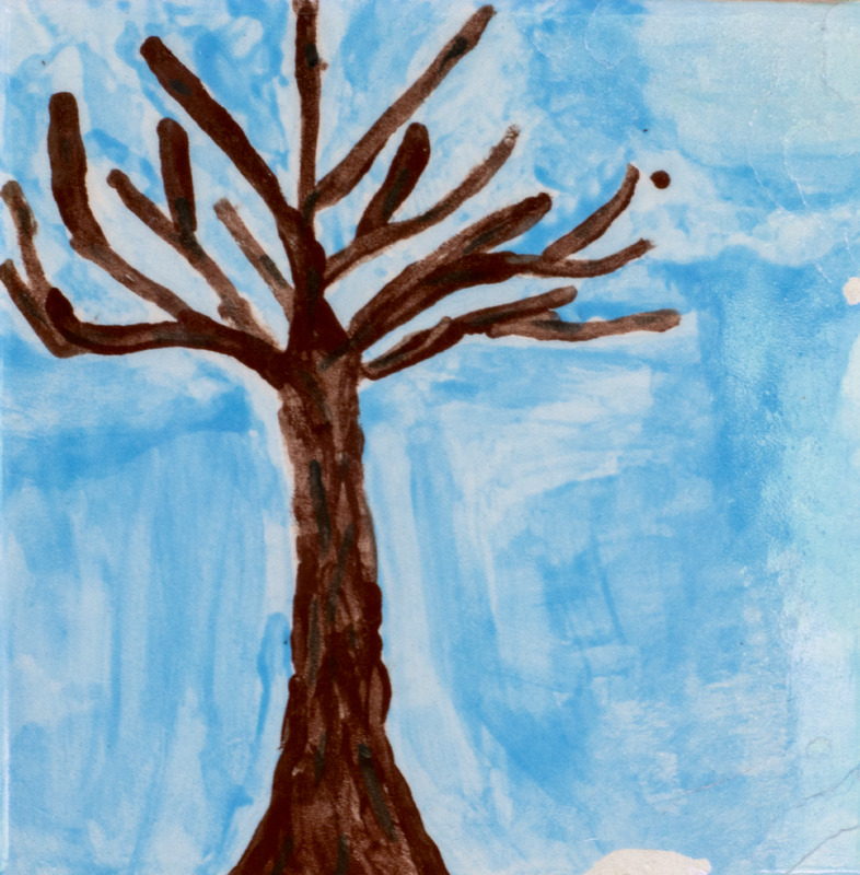 Painting of a brown tree with a blue background.