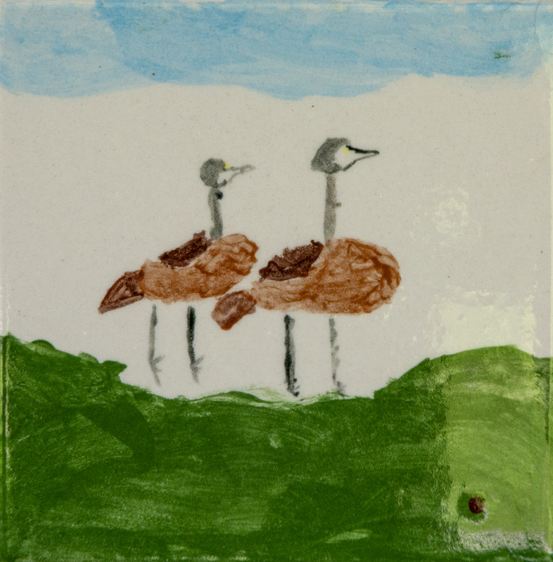 Painting of two geese standing on green grass, with brown bodies, long gray necks, and a pale blue sky above.