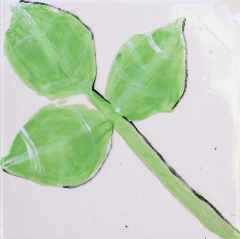 Painting of green stem with three leaves against white background.