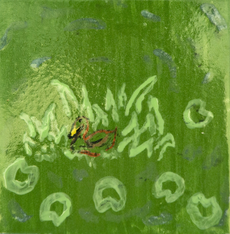 Painting of a small brown goose sitting in a nest of green grass.