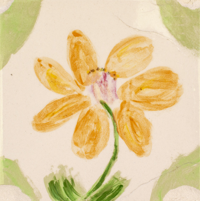Painting of a yellow flower with pink anthers and a green stem over a pink background with light green details.