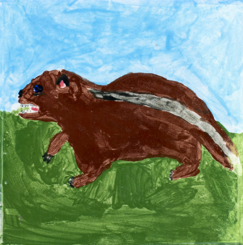 Painting of brown badger with black stripe down its back standing in grass and blue sky.