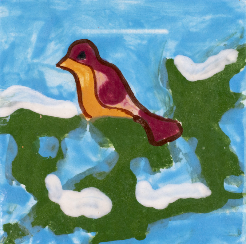 Painting of a resting red bird with a green and blue background.