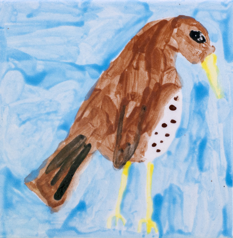 Painting of brown bird with spotted belly and blue sky.