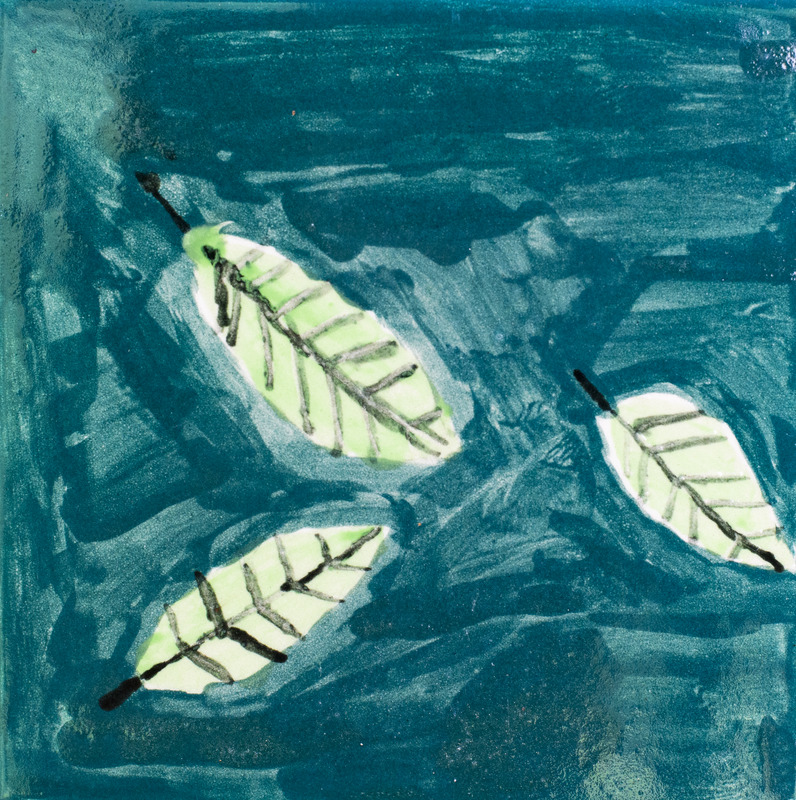 Painting of three light green leaves floating on dark blue water, with visible veins and short stems.