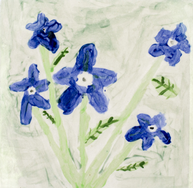 Painting of five blue Siberian squill flowers in front of a green background.
