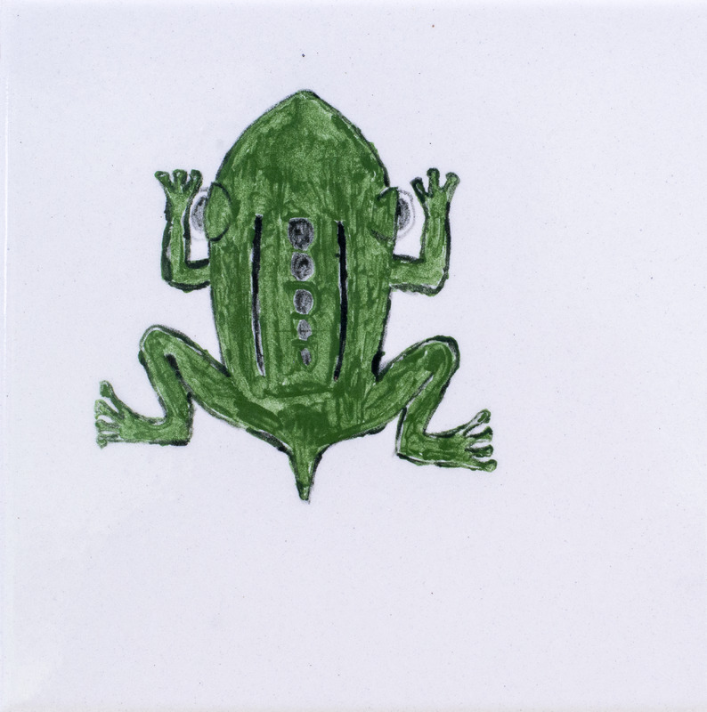 Painting of green frog from above.