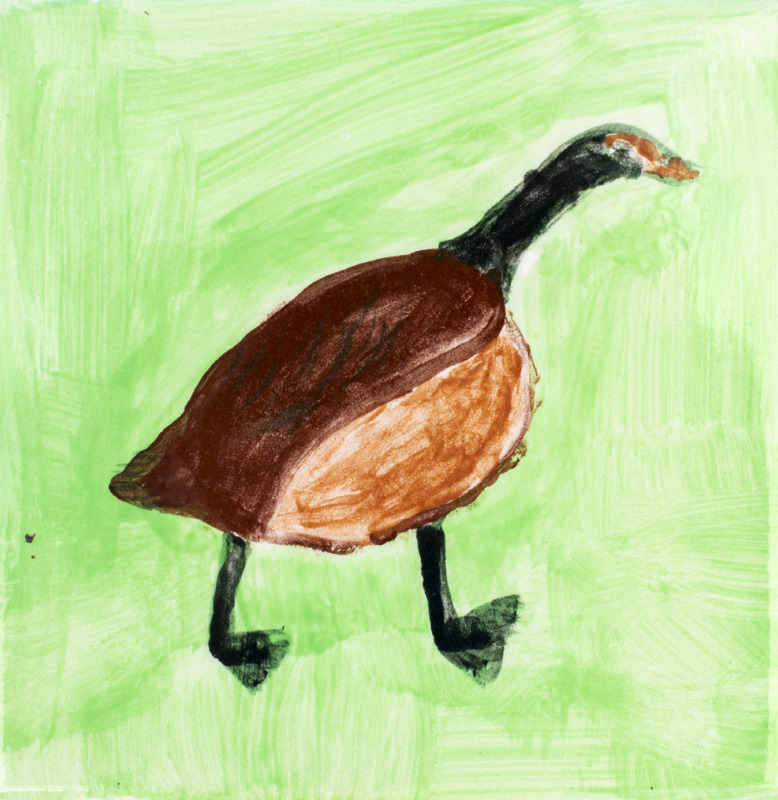 Painting of Canada Goose with brown feathers against green background.